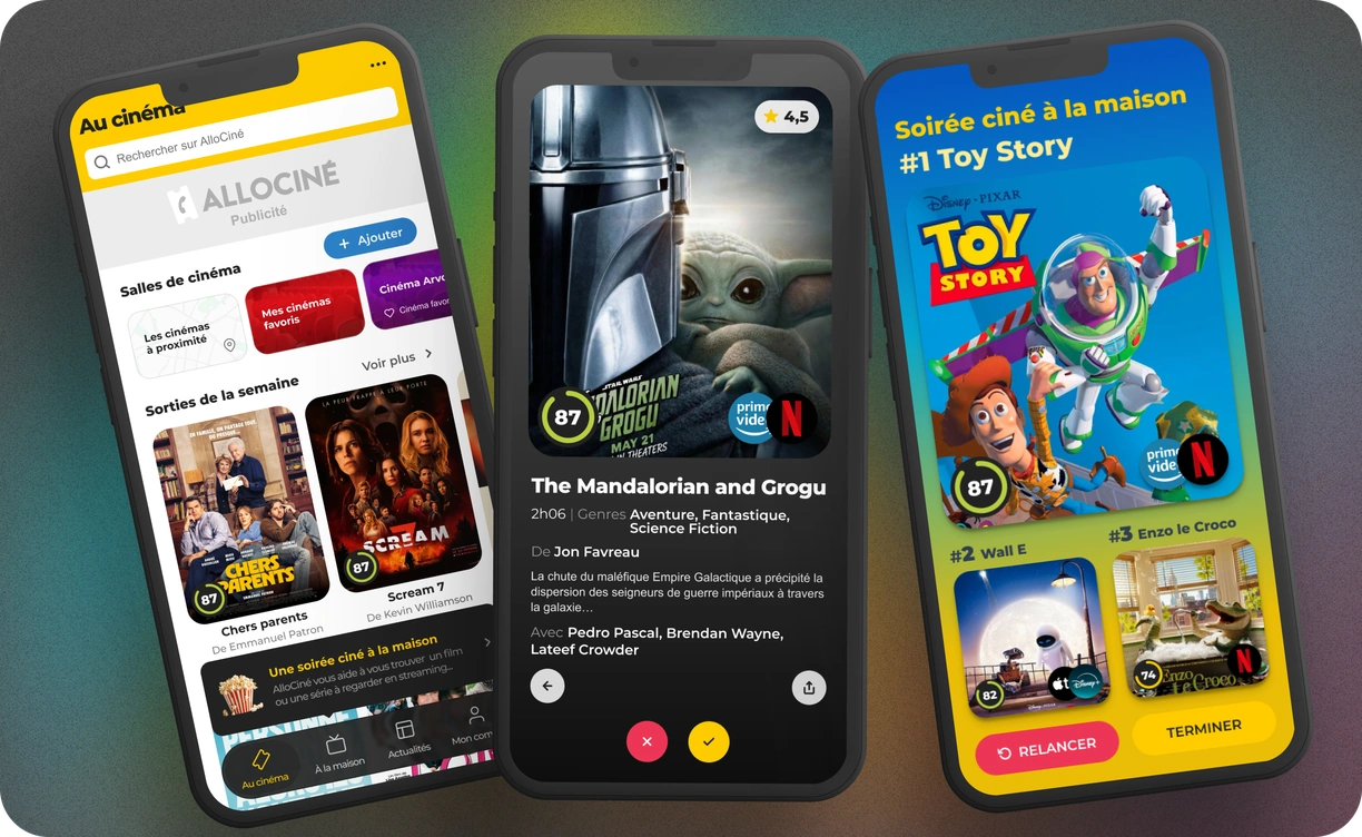 Écrans de l'application Allociné – soirée ciné à la maison